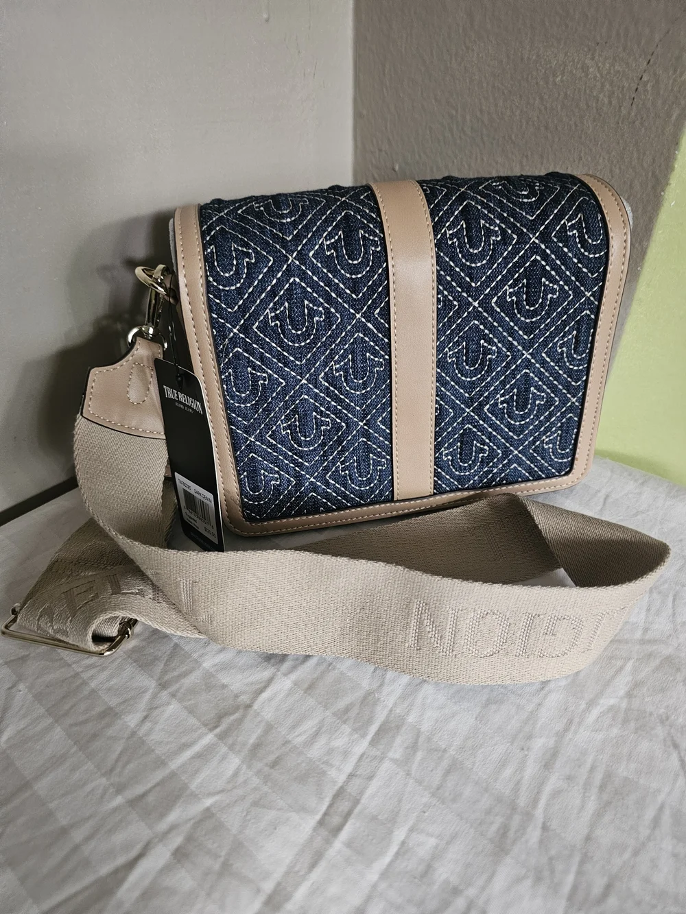 True Religion Denim Quilted Crossbody with Beige Trim